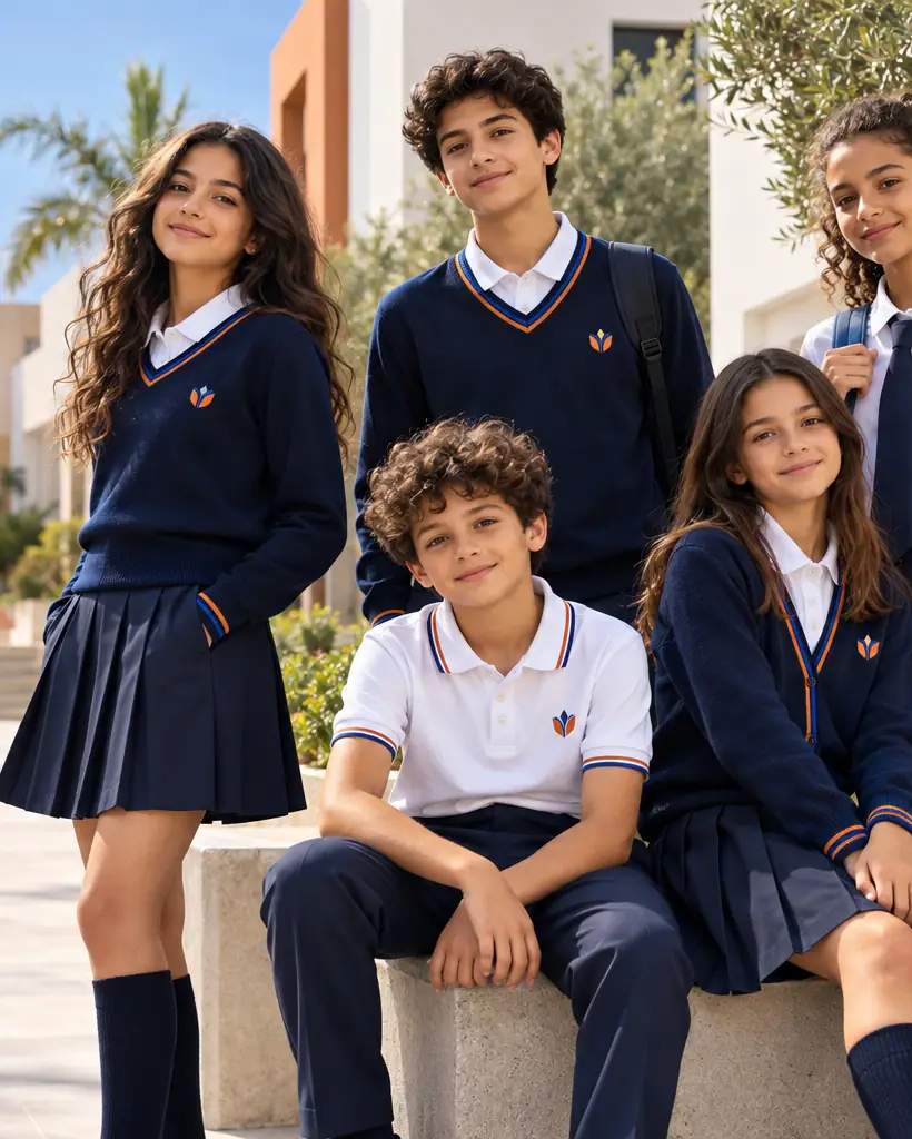 Élèves portant un uniforme scolaire personnalisé avec logo brodé